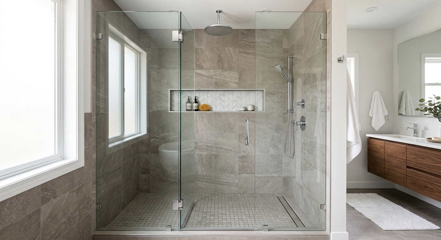 Modern frameless glass walk-in shower with custom tile